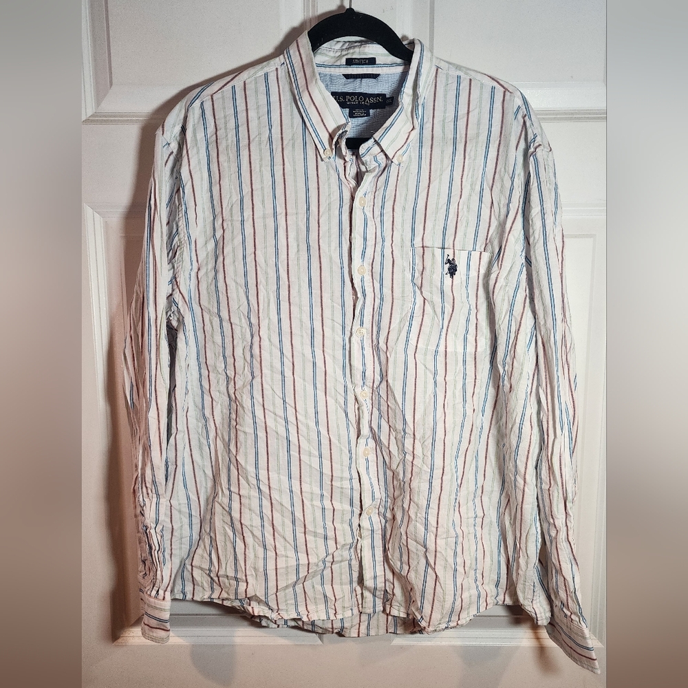 U.S. Polo Assn Stretch White Multicolor Striped Button Down Shirt 2XL